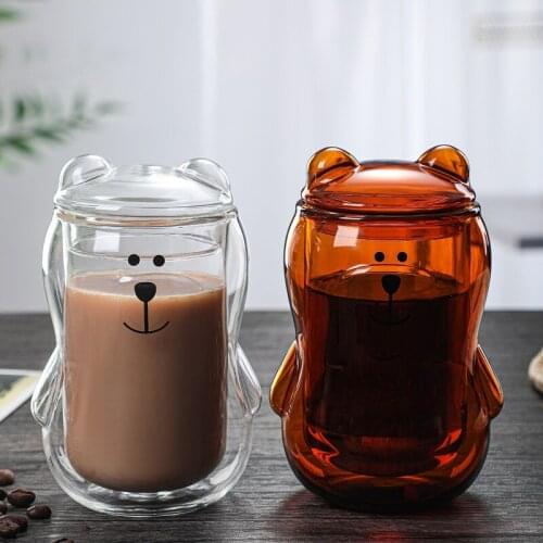 Personality creative bear cup Coffee cup double glass double insulation cup with lid Milk cup birthday gift mugs