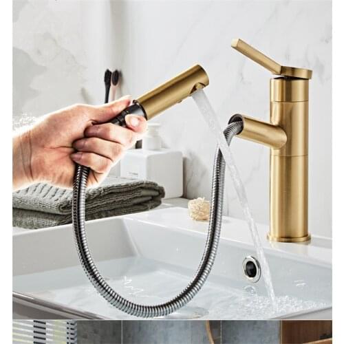Brushed Gold Bathroom Basin Faucet Brass Pull Out Sink Mixer Water Tap Hot & Cold Deck Mounted Free Shipping White/Black