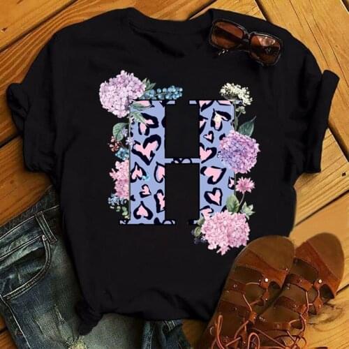 Custom Name Letter Combination Fashion Women T-shirt Pink Flower Leopard Letter Font A B C D E Short Sleeve Tops Black T-shirts