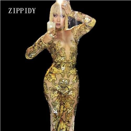 Fashion Sparkly Rhinestones Rompers Female Singer Dancer Big Pants Costume One-piece Bodysuit Nightclub Oufit Party