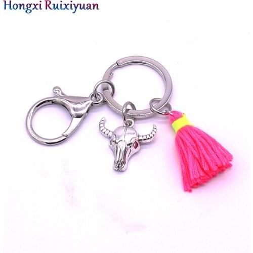 Fashion Keychain Plated Ancient Bull Head Tassel Keychain Multicolor Bohemian Lady Keychain Pendant Jewelry