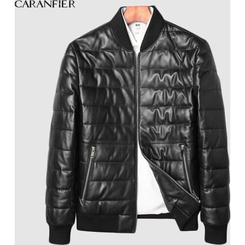 CARANFIER Mens Winter Jackets Nature Leather Down Short Slim Down Coats Casual Lether Zipper Anti-lost Pocket Down Jacket L-4XL