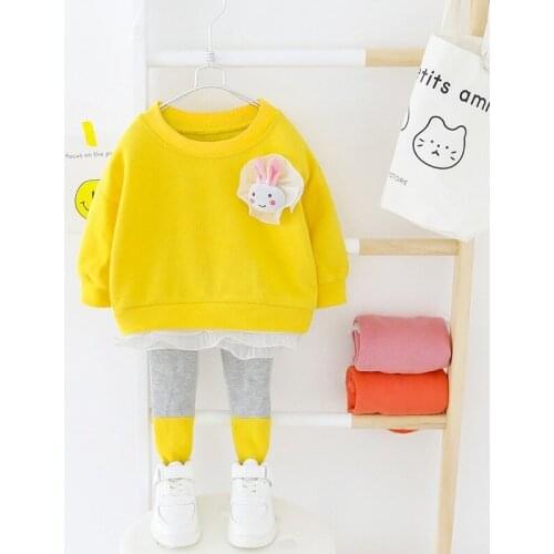Baby girl clothes cotton new fashion two-piece long-sleeved round neck lace cartoon rabbit clothes casual sports baby suit