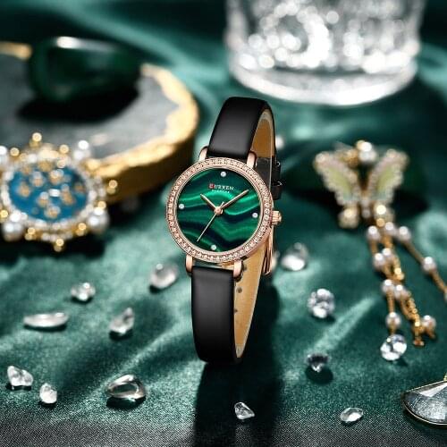 CURREN Women Watches Elegant Charming Thin Watches for Ladies Quartz Clock Classic Simple Leather Wristwatches with Rhinestone