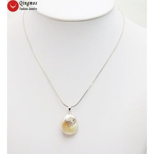 Qingmos Trendy Natural Pearl Pendant Necklace for Women with 20mm Oval Pink Pearl Necklace Chokers Chain Jewelry Free Box pen108