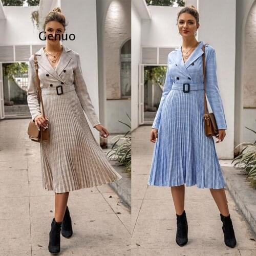 Vintage pleated belt plaid dress women Elegant office ladies blazer dresses Long sleeve female autumn midi party dress