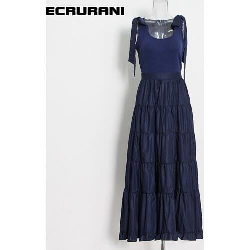 ECRURANI Minimalist Crinkle Dress For Female Round Neck Sleeveless High Waist Self Tie Bowknot Solid Summer Womens Dresses 2021