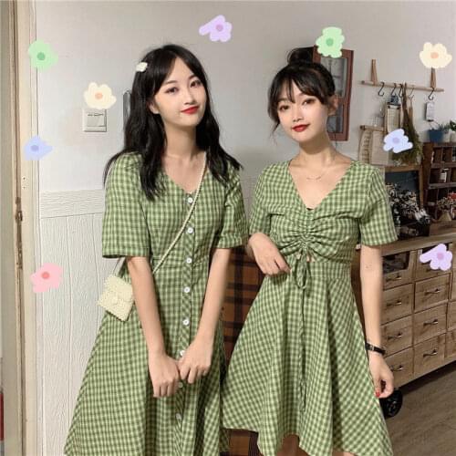 Dresses for Women Summer Sister Ladybro Avocado Green Plaid Dress for Women Summer Vestido De Mujer Femme Robe