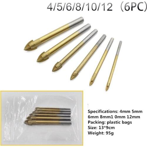 Industrial-Grade Cross Tile Drill with Round Shank 6PC(4/5/6/8/10/12mm) Titanium-Plated Triangular Bit