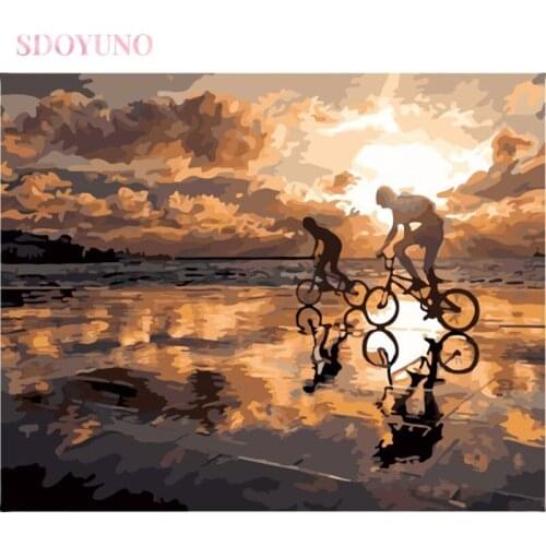 SDOYUNO DIY painting by numbers with frame for adults abstract Cycling in the sunset coloring by numbers canvas painting kits