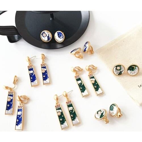 New Ethnic Style Star and Moon Dripping Long Dangle Earrings сережки Vintage Enamel Glaze Hanfu Retro Ear Clip Earring Jewelry