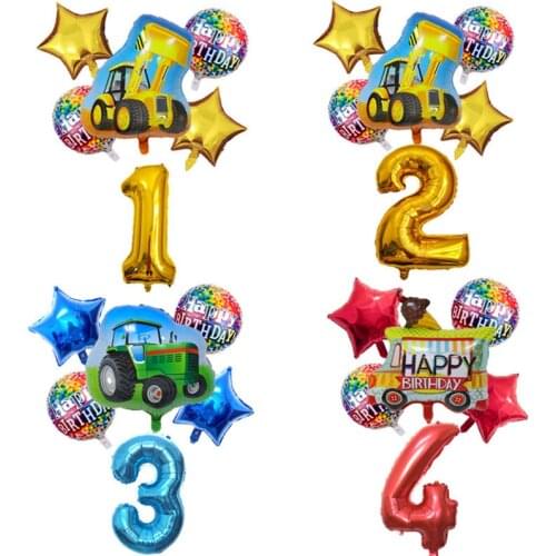 6pcs Cartoon Car Ballons Tractor Globos 32inch 1 2 3st Number Children Boy Gifts Birthday Party Holiday Decorations Kids Balls
