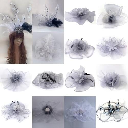 14design Women Lady Handmade Large Grey Fascinator Flowers Feathers Church Hat Veils Hair Clips Cocktail Weddings Party