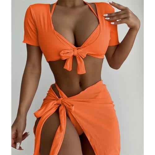 Sexy 4 Piece Bikini Swimwear Women 2021 High Cut Solid Triangle Swimsuit Female Beachwear Cover Up Womens Swimming Suit Biquini