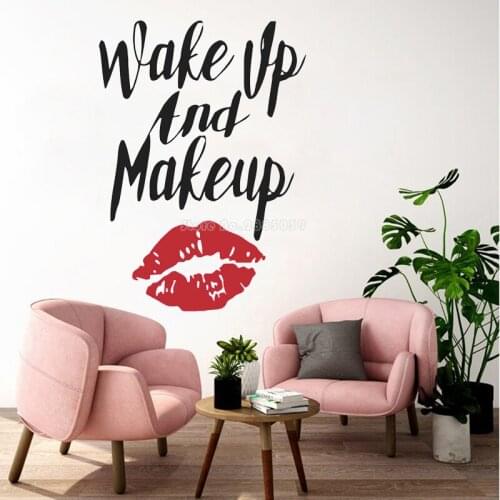 Wake Up And Make Up Stickers Vinyl Decal For Girls Bedroom Lips Art Decoration Beauty Salon Wall Decals Delicate Makeup LL2276