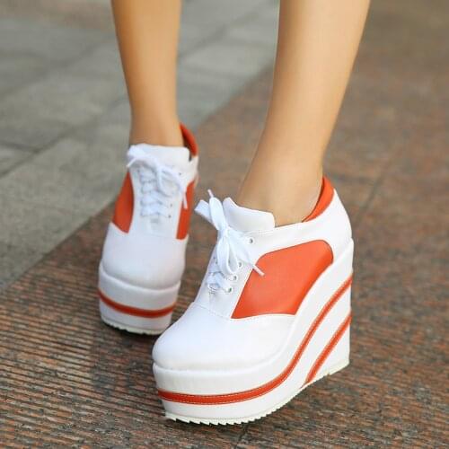Womens Very High Wedge 15CM Heels Platform Lace Up Sneakers Creepers Shoes Mixed Colors Genuine Leather Black White Orange