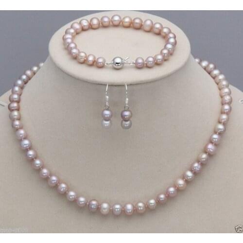 Women big Jewelry set Genuine Natural Freshwater 7-8MM Natural Lavender Akoya Cultured Pearl Necklace Bracelet Earrings