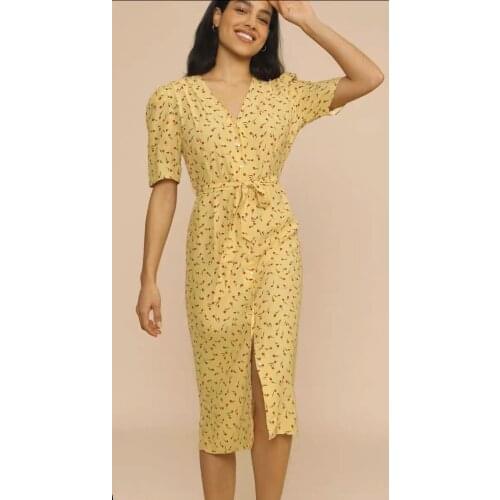 Women Dress2021 Summer Retro Style Elegant Yellow Tulip Print Waist V-neck Long Dress