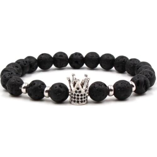 8mm uki3 elastic adjusted nature Frosted agate Onyx black stone volcanic lava micro pave Crown cz cubic zirconia Bracelet