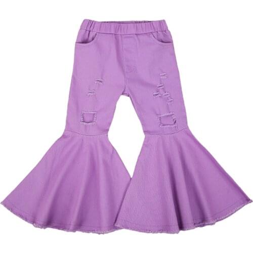 Kids Girl Flare Pants Solid Color Ripped Holes High Waist Ruffles Bell-Bottom Trousers Autumn New Fashion Child Girl Pants 2-7Y