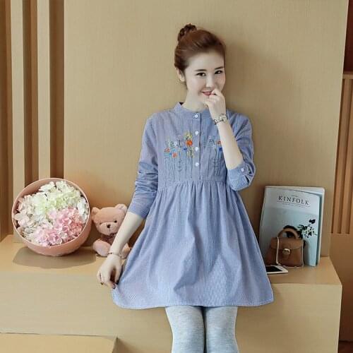 New summer fashion Korean version of the large size pregnant women flower embroidery loose shirt cotton long coat pregnant women