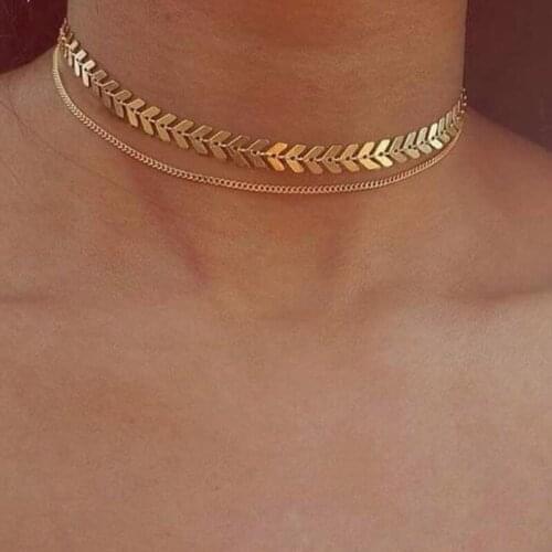 Two Layer Fishbone Pendant Choker Necklace Steampunk Padlock Flat Chain Necklace Collier Best Couple Jewelry Gift