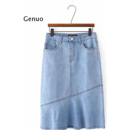Denim Skirt Women Fishtail Solid Casual High Waist Pocket Jean Skirts Summer New Fashion Female Vintage Denim Skirt