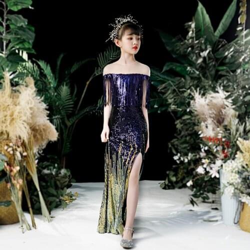Elegant Princess Sequined Evening Dress Sexy Split Tassel Gowns Wedding Birthday Party Catwalk Mermaid Dress For girl Y2838