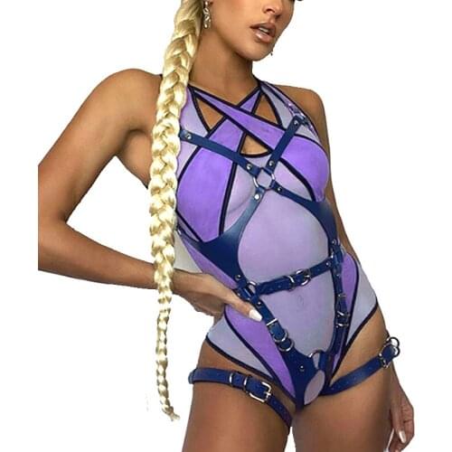 Erotic Bdsm Woman Leather Harness Garter Body Bondage Strap Belt Stockings Underwear Blue Full body Belts Chest Suspender Belt