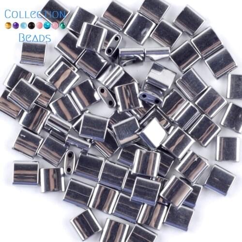 Natural Stone Silver Plated Double Hole Hematite Square Spacer Loose Beads For DIY Jewelry Making Necklace Bracelet Accessories