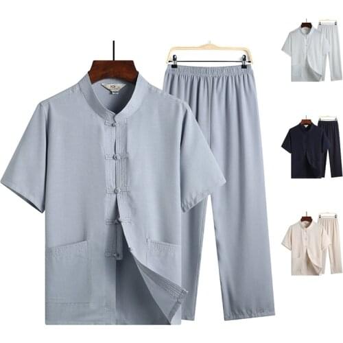 China Embroidery #11 Traditional Chinese Clothing Set Man Oriental 2 Pieces Uniforms Short Sleeve Linen Casual Chinese Costumes