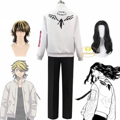 Anime Tokyo Revengers Keisuke Baji Kazutora Hanemiya Cosplay White Jacket Costume Valhalla Angel Baseball Coat Pants Black Wig