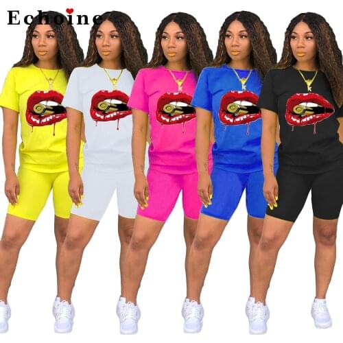 Fashion Leisure Digital Lips Printing Two Piece Set Women Gym Biker Suit Fitness Lounge Wear Short Pants Jogger Active Tracksuit