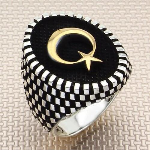 Sterling Silver Oval Crescent Star Motif Ring Square Patterned Silver Ring Turkish For Men Made in Turkey