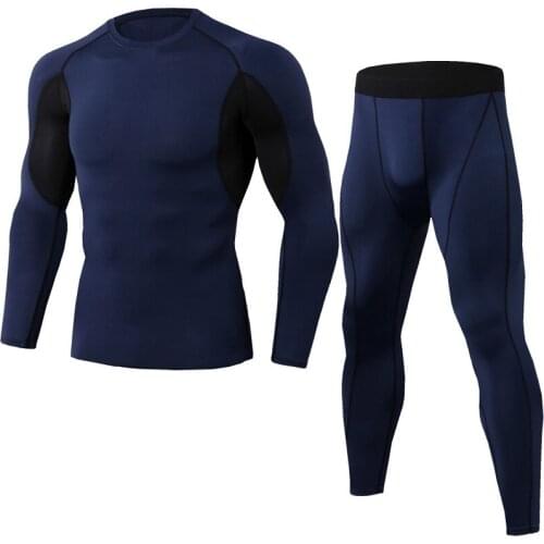 Mens PRO Tight Fitness Sports Training Suit Stretch Quick-drying Clothes Running Suit Long Sleeve + Trousers Gym Two-piece Set