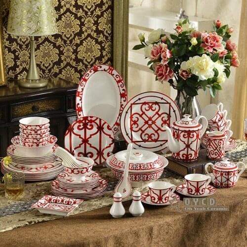 Characteristic design red bone porcelain tableware set 58 sets of tableware 43 sets of coffee 15 sets