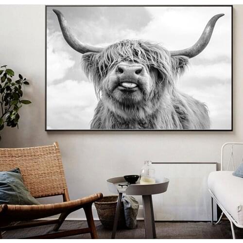 Black and White Yak Highland Cow Wild Animals Canvas Painting Posters and Prints Wall Art Picture for LivingRoom Home Decoration