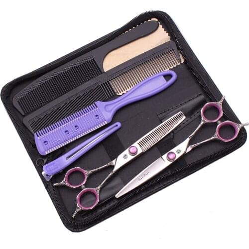 Purple Dragon 6" 17.5cm Japan 440C Professional Barber Scissors Set Good Quatity Hairdressing Thinning Scissors with Tail 9018
