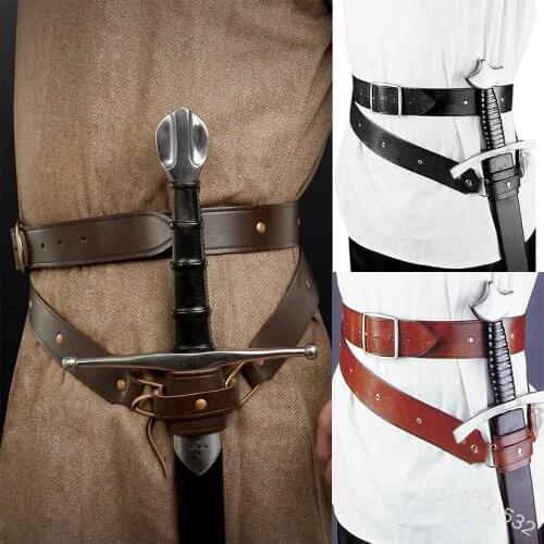 Medieval Costume Steampunk Accessories for Men Adjustable Buckle Strap Sword Holder Belt Viking Pirate Knight Cosplay PU Leather