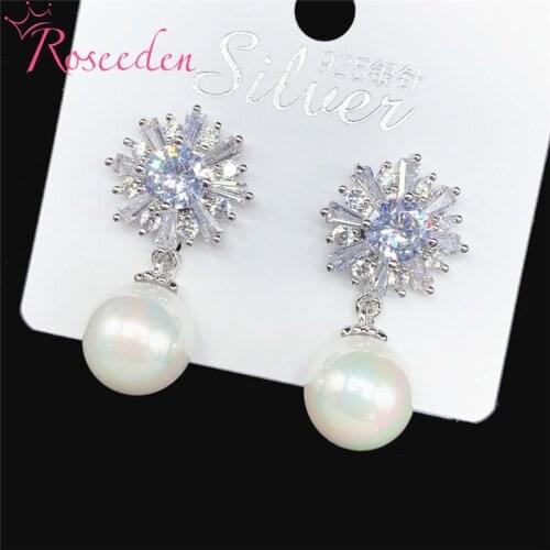 Pearls CZ Dangle Earrings for Women Flower Shape Silver Color Crystal Bridal Wedding Earring Party Jewelry RE4093-2