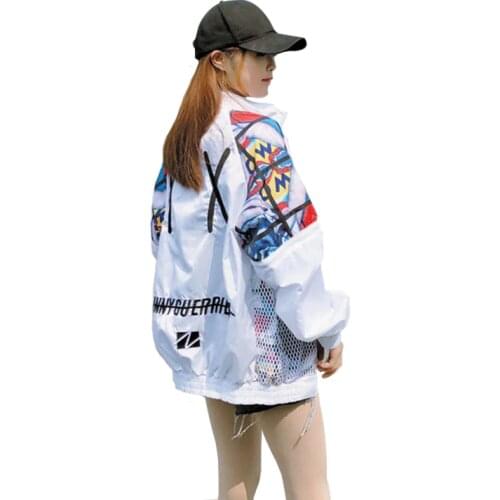 Harajuku New Casual Women Windbreaker Jackets Embroidery Graffiti Print Summer sun protection Loose Jacket Sleeve detachable
