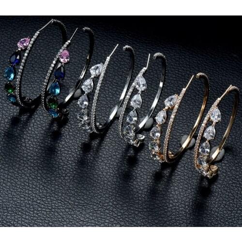 HIBRIDE 2 Rows Cubic Zircon Big Statement Hoop Earrings for Women Wedding DUBAI Bridal Circle Hoop Earrings boucle d’oreillE-834