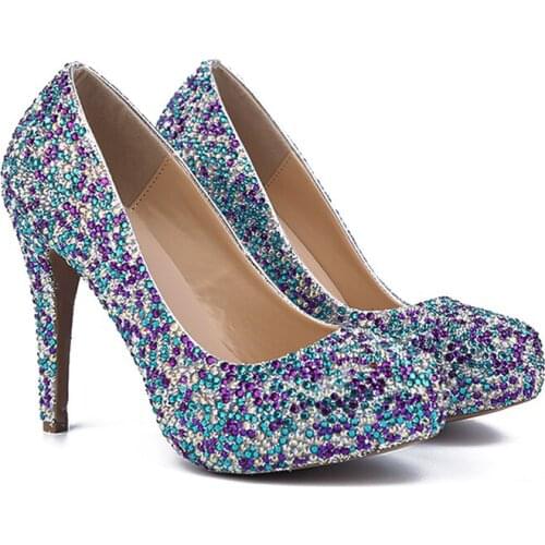 Free Shipping 2018 Closed Toe Platform Wedding Party Shoes Women Shoes Sapatos Femininos Mixcolor Crystal Lady Prom High Heels