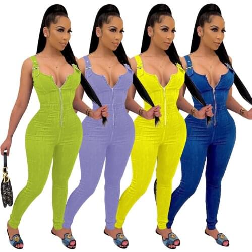 Solid Straps Braces Zipper V Neck Sleeveless Jeans Denim Jumpsuit Women Summer Casual Backless Outfit Streetwear Jeans Rompers