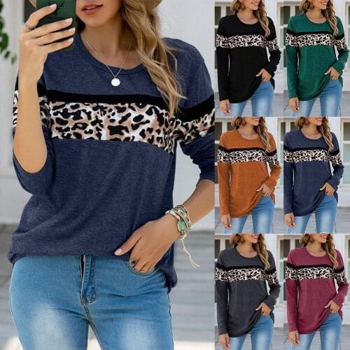 Women Long Sleeve Color Block O Neck Leopard Print Pullover Sweatshirt Blouse Shirt female Plus Size Print clothing fashion 2XL