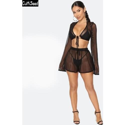 Cultiseed Women Sexy black Perspective Long Sleeve Cardigan Gauze Net Mesh Nightclub Party 2pc Sets Ladies Casual Home Sets