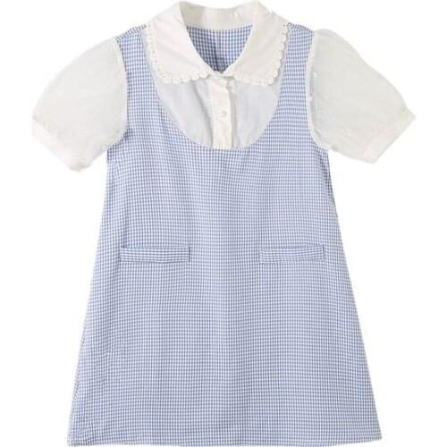 2021 Summer Plaid Fake 2-piece Dress for Girls Doll Turn-down Collar Mesh Sleeve Elegant Girls Dress Lady Clothing for Teens
