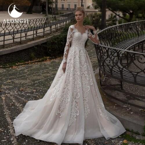 Aedmgh A-Line Empire Wedding Dresses 2021 Scalloped Long Sleeve Vestido De Novia Charming Appliques Princess Robe De Marige