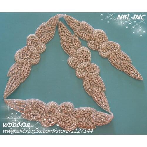 10 YARDS )Wholesale bridal hand beaded sewing iron on rhinestone pearl applique trim for wedding dress sash WDD0438