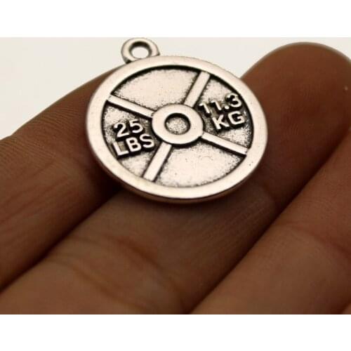 12pc Wholesale Price Barbell Disc Weight 25lbs 11.3kg Charms 20mm Antique Silver Plated Pendant For Handmade Jewelry Accessories